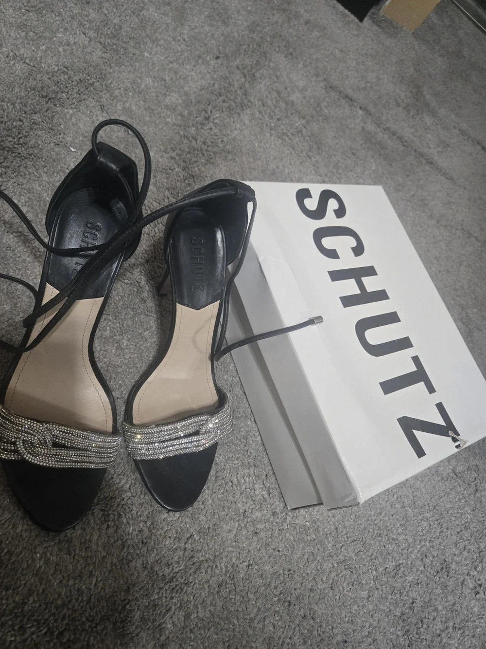 SCHUTZ Black Bejeweled Lace-Up Heels